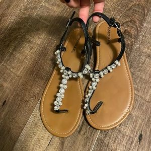 Black Pearl and Rhinestone T Strap Sandals